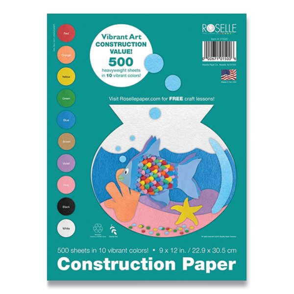 Roselle Vibrant Art Heavyweight Construction Paper, 76 lb, 9 x 12, Assorted Colors, 500PK CON01500